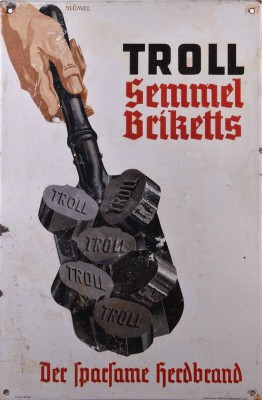 Old enamel sign Troll Semmel Briketts