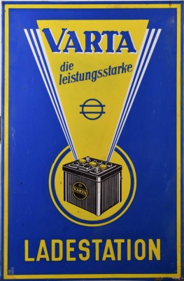 Old enamel sign Varta charging station