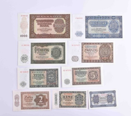 Geldscheine 50 Pfennig bis 1000 DM, DDR 1948