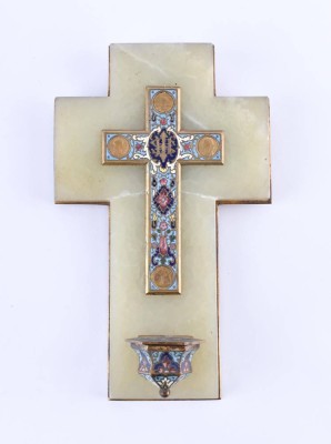 Blessing cross with holy water bowl, probably France, c. 1900